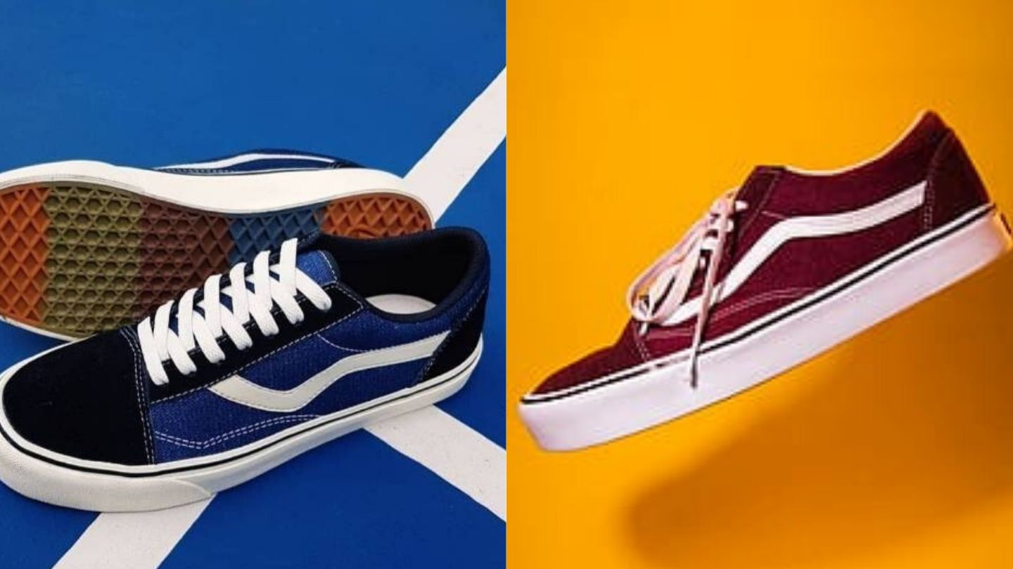 Kiri: Ventela Retro dengan jazz stripes, Kanan: Van Old Skool dengan jazz stripes